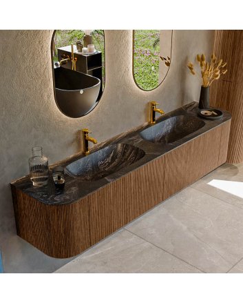 Mondiaz Kurve-Dlux 200cm badmeubel ronding Links + Rechts kleur Walnut met 2 lades en 2 deuren. Wastafel Stor small Dubbel 2 kraangaten Lava.