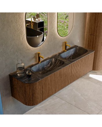 Mondiaz Kurve-Dlux 165cm badmeubel ronding Links kleur Walnut met 2 lades en 1 deur. Wastafel Stor small Dubbel / Rechts 2 kraangaten Lava.