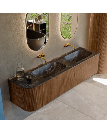 Mondiaz Kurve-Dlux 175cm badmeubel ronding Links kleur Walnut met 2 lades en 1 deur. Wastafel Stor small Dubbel / Rechts zonder kraangat Lava.