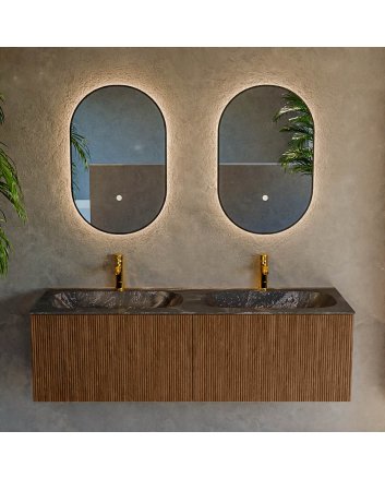 Mondiaz Kurve-Dlux 140cm badmeubel kleur Walnut met 2 lades en 0 deuren. Wastafel Stor small Dubbel 2 kraangaten Lava.