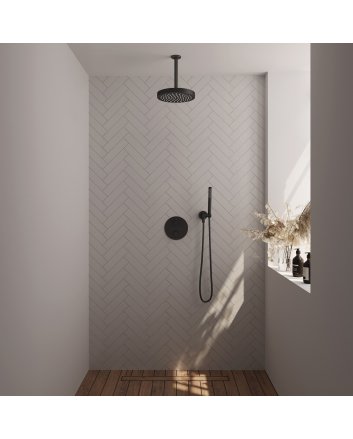 BRAUER Stripe thermostatische inbouw regendouche 3-weg rond SET 39 met 25 cm douchekop en plafondarm en staaf handdouche en doucheslang en wandaansluitbocht mat zwart