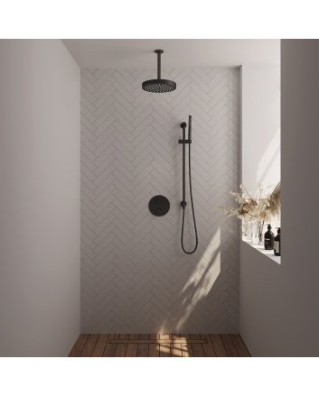 BRAUER Stripe thermostatische inbouw regendouche 3-weg rond SET 45 met 25 cm douchekop en plafondarm en staaf handdouche en doucheslang en geïntegreerde glijstang mat zwart