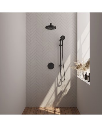 BRAUER Stripe thermostatische inbouw regendouche 3-weg rond SET 46 met 25 cm douchekop en rechte muurarm en 3-standen handdouche en doucheslang en geïntegreerde glijstang mat zwart