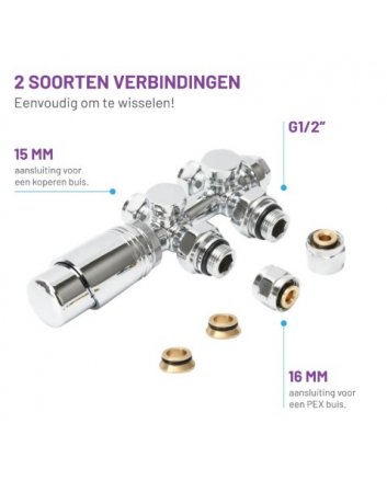 Chrome radiator aansluitset Recht voor radiatoren met onder aansluiting t.b.v 16 mm buis