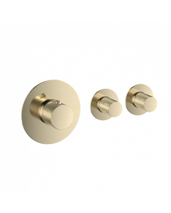 Sani DeLuxe Badset inbouw deluxe met box thermostaat, muurbevestiging / doucheslang, staafhanddouche rond Goud Geborsteld met geribbeld knop