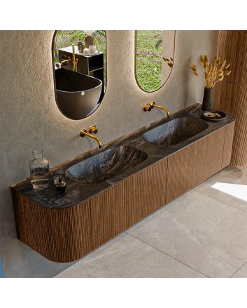 Mondiaz Kurve-Dlux 200cm badmeubel ronding Links + Rechts kleur Walnut met 2 lades en 2 deuren. Wastafel Stor small Dubbel zonder kraangat Lava.