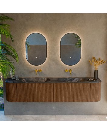 Mondiaz Kurve-Dlux 200cm badmeubel ronding Links + Rechts kleur Walnut met 2 lades en 2 deuren. Wastafel Stor small Dubbel zonder kraangat Lava.