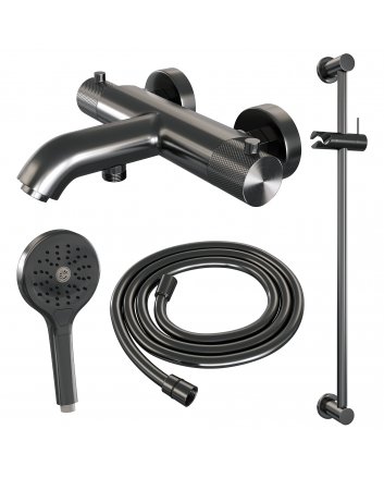 BRAUER Gunmetal Carving opbouw baddouche thermostaatkraan SET 02 met glijstang en 3-standen handdouche en doucheslang gunmetal geborsteld PVD