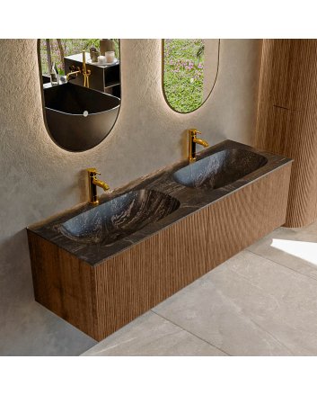 Mondiaz Kurve-Dlux 150cm badmeubel kleur Walnut met 2 lades en 0 deuren. Wastafel Stor small Dubbel 2 kraangaten Lava.