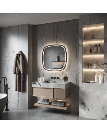 Phantom Deens ovale LED spiegel 100cm op zwart frame met directe en indirecte verlichting rondom, spiegelverwarming, kleurenwissel en touchdimmer