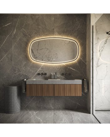 Phantom Deens ovale LED spiegel 140x74cm op zwart frame met directe en indirecte verlichting rondom, spiegelverwarming, kleurenwissel en touchdimmer