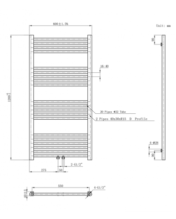 1200x600 414 watt | handdoekradiator gunmetal grijs midden aansluiting