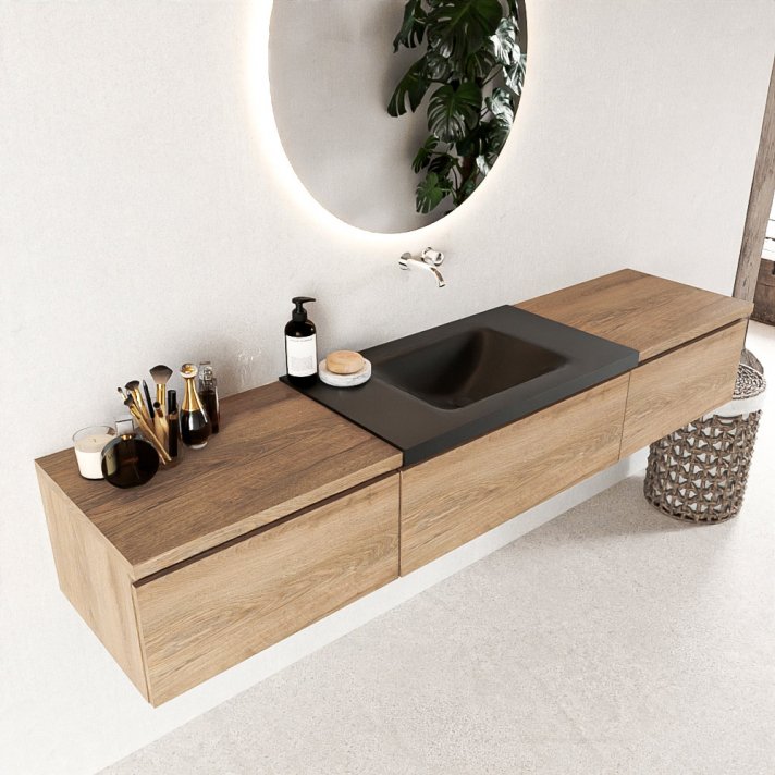 Mondiaz Bukla 200cm badmeubel met module 60 kleur Washed Oak met 3 lades. Wastafel Cloud midden 0 kraangaten kleur Urban.