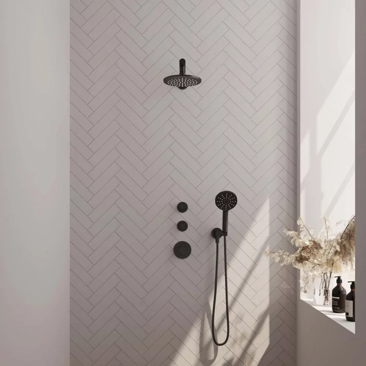 BRAUER Black Carving thermostatische inbouw regendouche SET 07 met 20 cm douchekop en rechte muurarm en 3-standen handdouche en doucheslang en wandaansluitbocht mat zwart