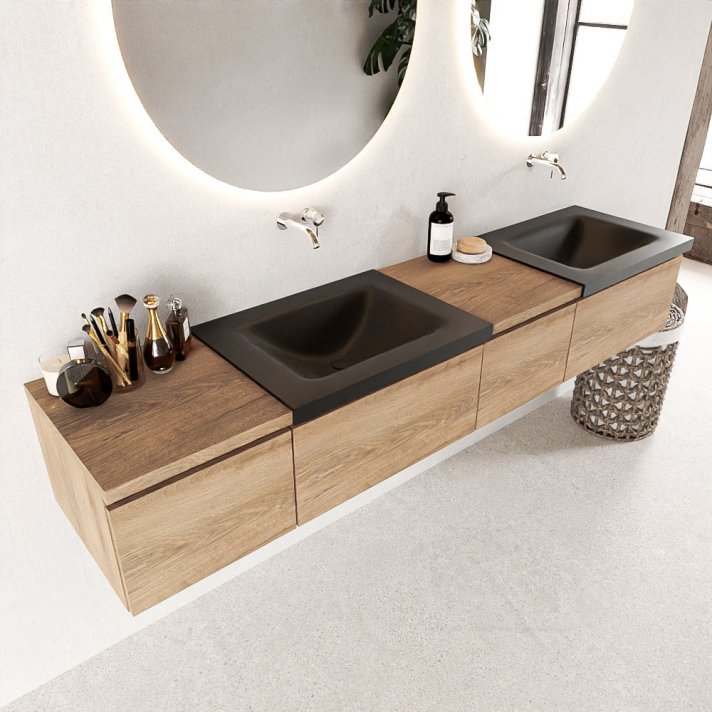 Mondiaz Bukla 200cm badmeubel met module 40 rechts kleur Washed Oak met 4 lades. Wastafel Cloud dubbel 0 kraangaten kleur Urban.