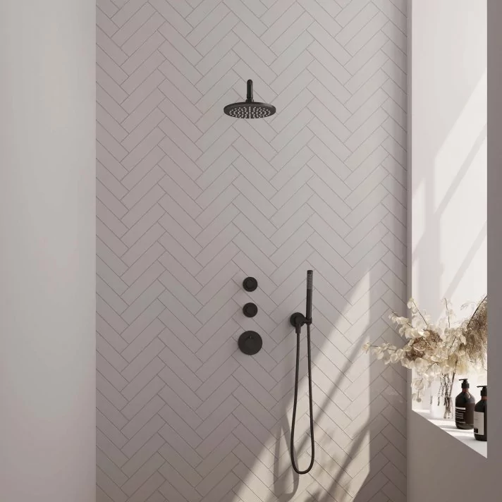 BRAUER Black Carving thermostatische inbouw regendouche SET 03 met 20 cm douchekop en gebogen muurarm en staaf handdouche en doucheslang en wandaansluitbocht mat zwart
