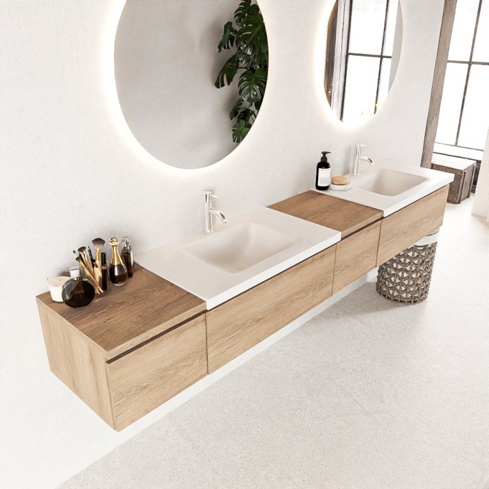 Mondiaz Bukla 240cm badmeubel met module 40 rechts kleur Washed Oak met 4 lades. Wastafel Cloud dubbel 2 kraangaten kleur Talc.