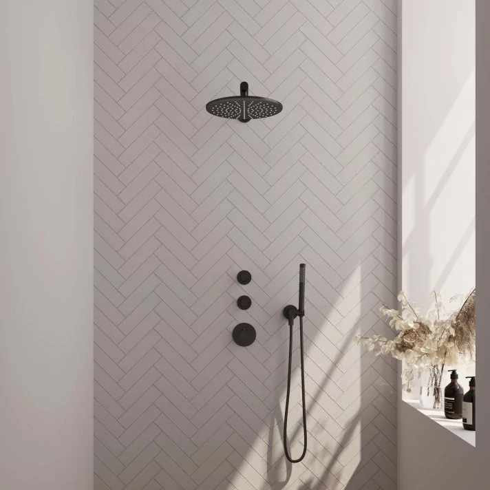 BRAUER Black Carving thermostatische inbouw regendouche SET 02 met 30 cm douchekop en rechte muurarm en staaf handdouche en doucheslang en wandaansluitbocht mat zwart