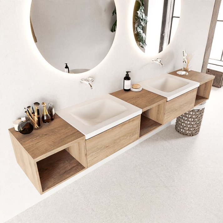 Mondiaz Bukla 240cm badmeubel met open module 40 L+M+R kleur Washed Oak met 2 lades. Wastafel Cloud dubbel 0 kraangaten kleur Talc.