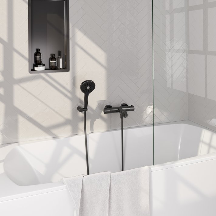 BRAUER Gunmetal Carving opbouw baddouche thermostaatkraan SET 04 met wandhouder en 3-standen handdouche en doucheslang gunmetal geborsteld PVD