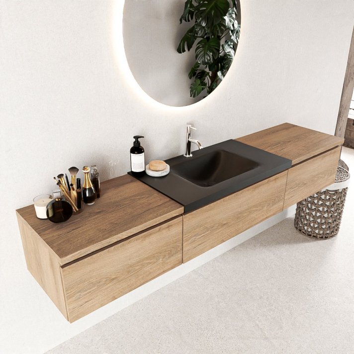 Mondiaz Bukla 200cm badmeubel met module 60 kleur Washed Oak met 3 lades. Wastafel Cloud midden 1 kraangat kleur Urban.