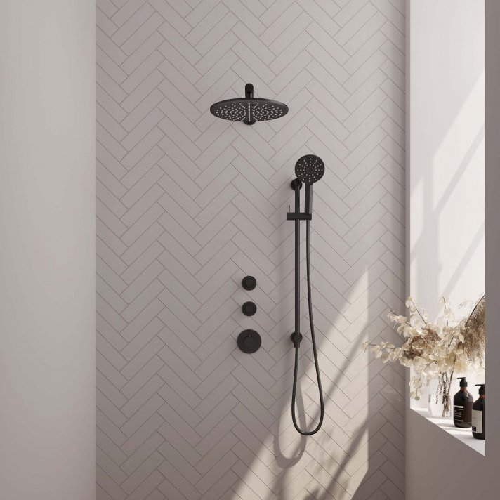 BRAUER Black Carving thermostatische inbouw regendouche SET 20 met 30 cm douchekop en rechte muurarm en 3-standen handdouche en doucheslang en geïntegreerde glijstang mat zwart