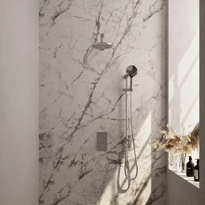 BRAUER Chrome Edition thermostatische inbouw regendouche 3-weg omstelling SET 43 met 20 cm douchekop en rechte muurarm en 3-standen handdouche en doucheslang en geïntegreerde glijstang chroom