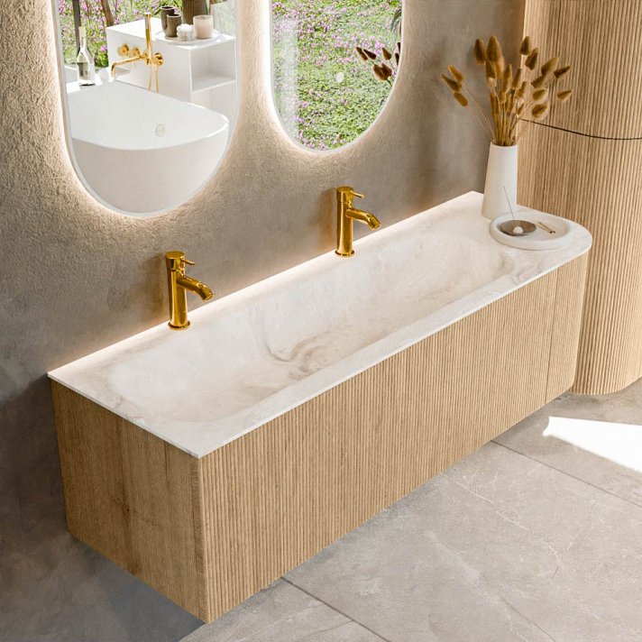 Mondiaz Kurve-Dlux 145cm badmeubel ronding Rechts kleur Oak met 1 lade en 1 deur. Wastafel Big large Links 2 kraangaten Frappe.