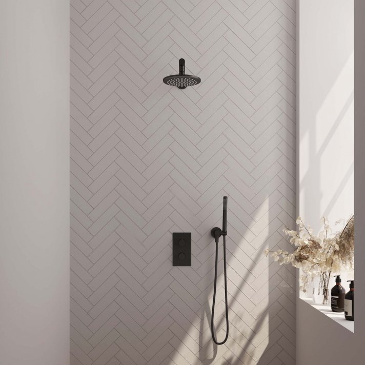 BRAUER Black Carving thermostatische inbouw regendouche 3-weg omstelling SET 25 met 20 cm douchekop en rechte muurarm en staaf handdouche en doucheslang en wandaansluitbocht mat zwart