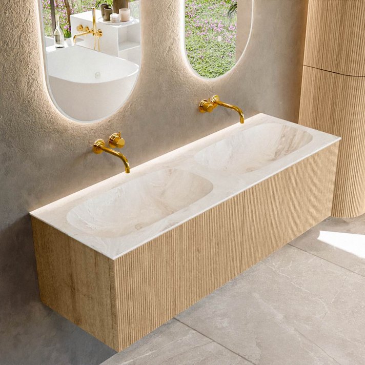Mondiaz Kurve-Dlux 140cm badmeubel kleur Oak met 2 lades en 0 deuren. Wastafel Stor small Dubbel zonder kraangat Frappe.