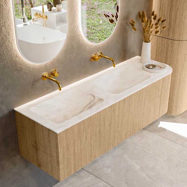 Mondiaz Kurve-Dlux 145cm badmeubel ronding Rechts kleur Oak met 1 lade en 1 deur. Wastafel Leaf Dubbel / Links zonder kraangat Frappe.