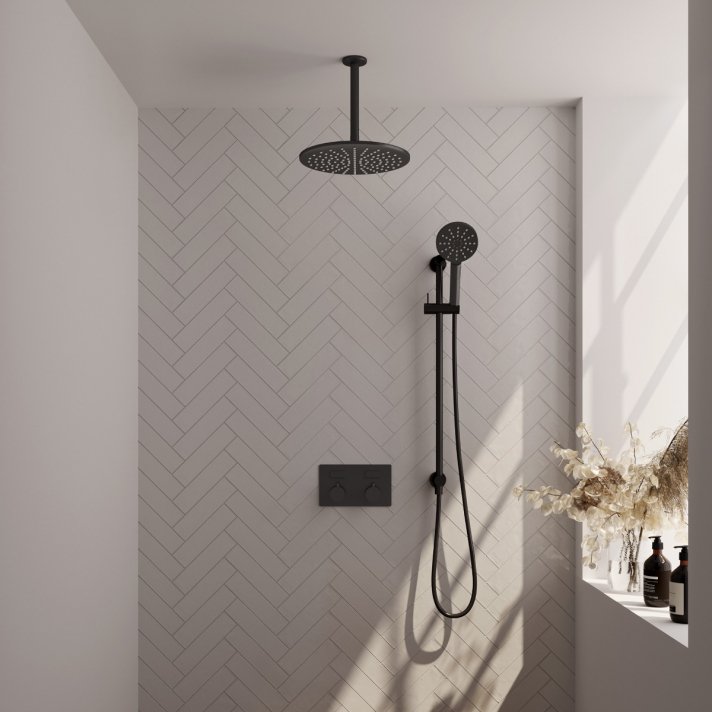 BRAUER Black Carving thermostatische inbouw regendouche met drukknoppen SET 72 met 30 cm douchekop en plafondarm en 3-standen handdouche en doucheslang en geïntegreerde glijstang mat zwart
