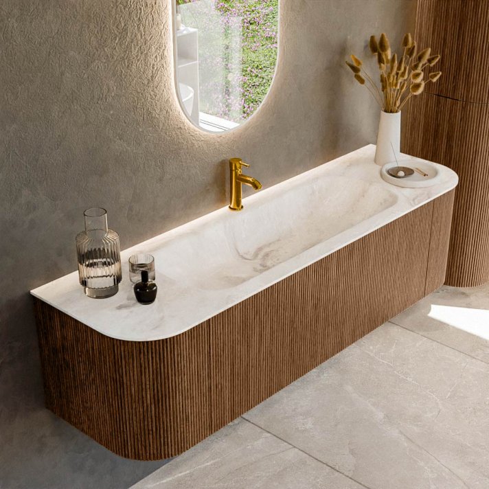 Mondiaz Kurve-Dlux 160cm badmeubel ronding Links + Rechts kleur Walnut met 1 lade en 2 deuren. Wastafel Big medium Midden 1 kraangat Frappe.