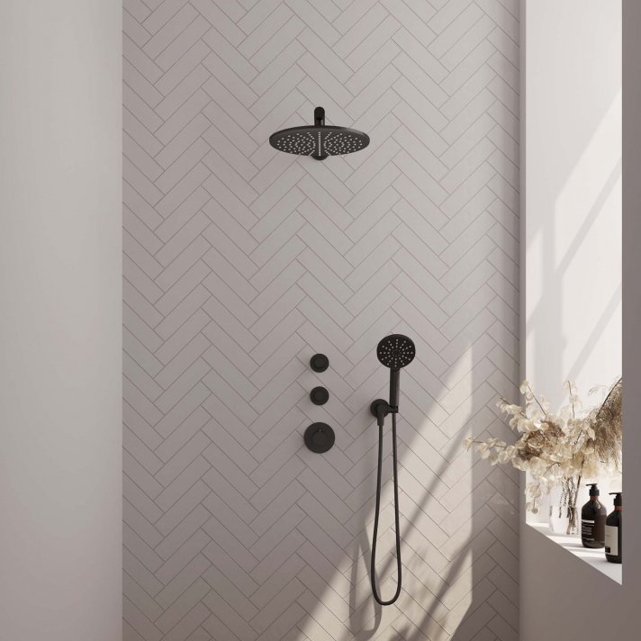 BRAUER Black Carving thermostatische inbouw regendouche SET 08 met 30 cm douchekop en rechte muurarm en 3-standen handdouche en doucheslang en wandaansluitbocht mat zwart