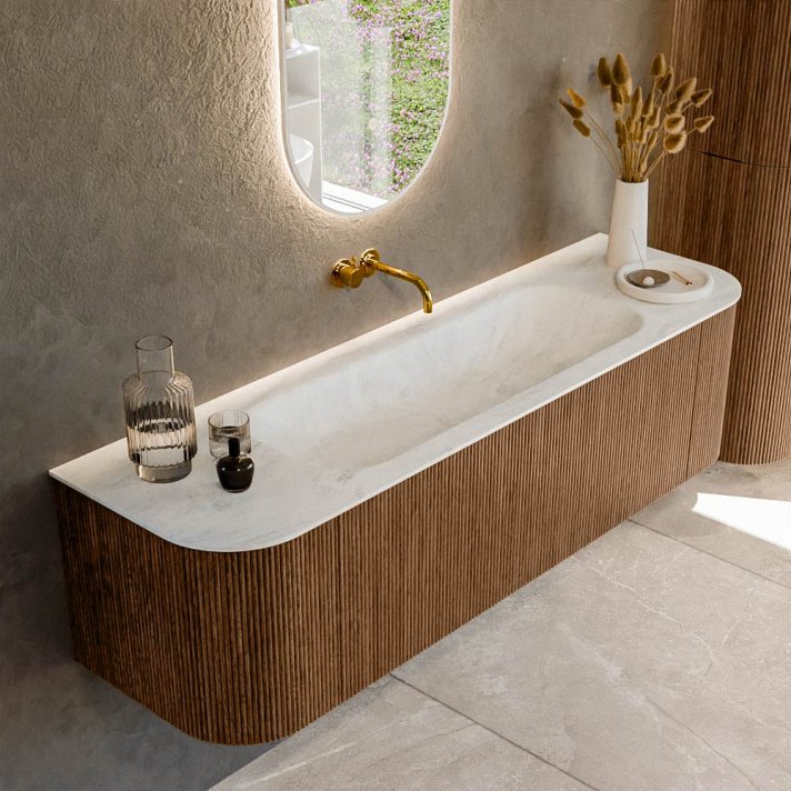Mondiaz Kurve-Dlux 160cm badmeubel ronding Links + Rechts kleur Walnut met 1 lade en 2 deuren. Wastafel Big medium Midden zonder kraangat Opalo.