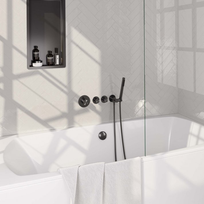 BRAUER Gunmetal Edition thermostatische inbouw badkraan SET 01 met badvulcombinatie en staaf handdouche en doucheslang en wandaansluitbocht gunmetal geborsteld PVD