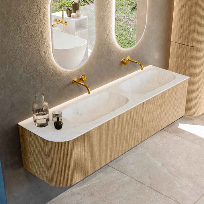 Mondiaz Kurve-Dlux 165cm badmeubel ronding Links kleur Oak met 2 lades en 1 deur. Wastafel Stor small Dubbel / Rechts zonder kraangat Opalo.