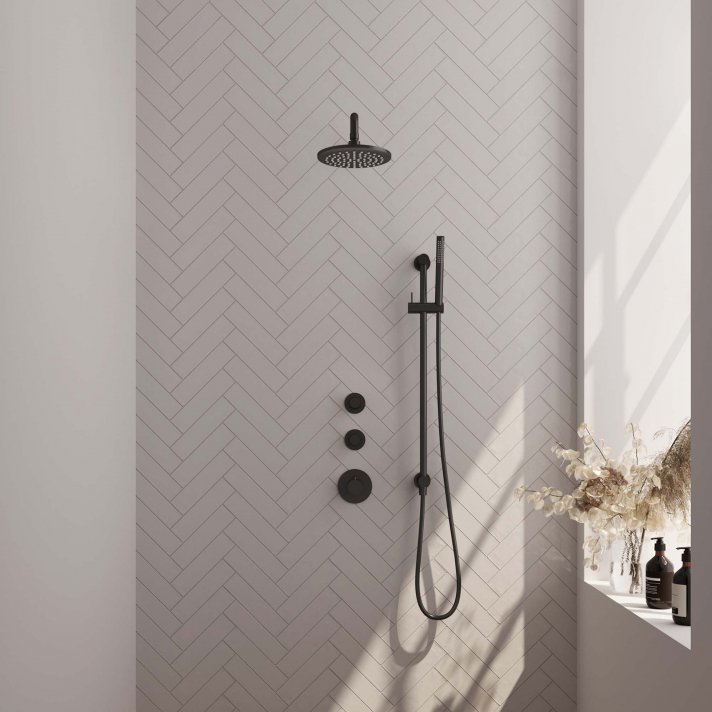 BRAUER Black Carving thermostatische inbouw regendouche SET 15 met 20 cm douchekop en gebogen muurarm en staaf handdouche en doucheslang en geïntegreerde glijstang mat zwart