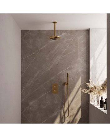 BRAUER Gold Carving thermostatische inbouw regendouche 3-weg omstelling SET 29 met 20 cm douchekop en plafondarm en staaf handdouche en doucheslang en wandaansluitbocht goud geborsteld PVD