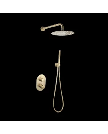 Sani DeLuxe Doucheset inbouw met box thermostaat, muurbevestiging / douchekop 25 cm rond Goud Geborsteld met geribbeld knop