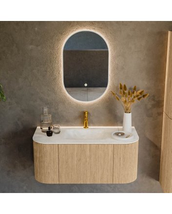Mondiaz Kurve-Dlux 100cm badmeubel ronding Links + Rechts kleur Oak met 1 lade en 2 deuren. Wastafel Grunne Midden 1 kraangat Opalo.