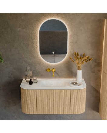Mondiaz Kurve-Dlux 100cm badmeubel ronding Links + Rechts kleur Oak met 1 lade en 2 deuren. Wastafel Grunne Midden zonder kraangat Opalo.