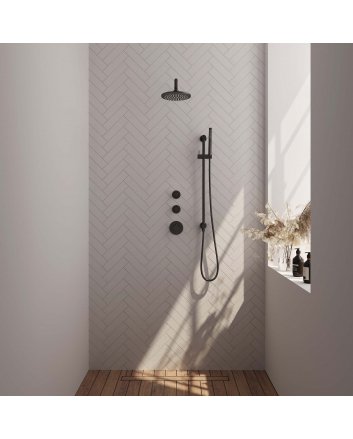 BRAUER Black Edition thermostatische inbouw regendouche SET 15 met 20 cm douchekop en gebogen muurarm en staaf handdouche en doucheslang en geïntegreerde glijstang mat zwart