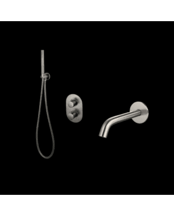 Sani DeLuxe Badset inbouw met box thermostaat, muurbevestiging / doucheslang, staafhanddouche rond Gun Metal met geribbeld knop