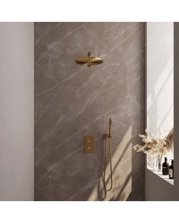 BRAUER Gold Carving thermostatische inbouw regendouche 3-weg omstelling SET 26 met 30 cm douchekop en rechte muurarm en staaf handdouche en doucheslang en wandaansluitbocht goud geborsteld PVD