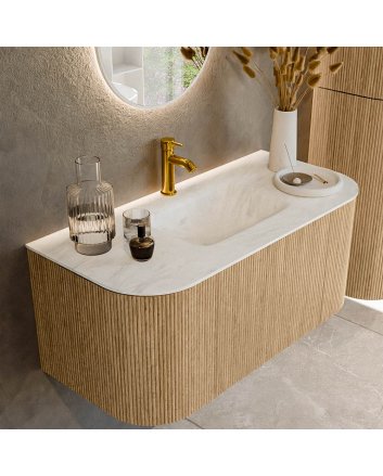 Mondiaz Kurve-Dlux 100cm badmeubel ronding Links + Rechts kleur Oak met 1 lade en 2 deuren. Wastafel Grunne Midden 1 kraangat Opalo.