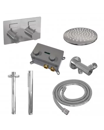BRAUER Chrome Edition thermostatische inbouw regendouche met drukknoppen SET 53 met 20 cm douchekop en plafondarm en staaf handdouche en doucheslang en wandaansluitbocht chroom