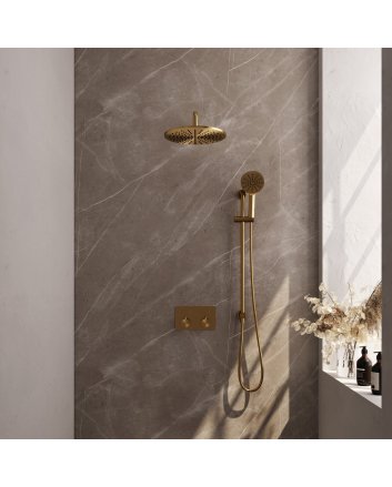 BRAUER Gold Carving thermostatische inbouw regendouche met drukknoppen SET 58 met 30 cm douchekop en gebogen muurarm en 3-standen handdouche en doucheslang en wandaansluitbocht goud geborsteld PVD