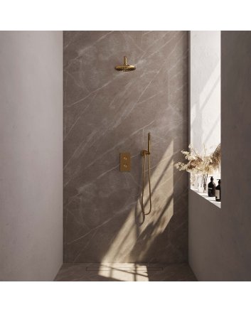 BRAUER Gold Carving thermostatische inbouw regendouche 3-weg omstelling SET 27 met 20 cm douchekop en gebogen muurarm en staaf handdouche en doucheslang en wandaansluitbocht goud geborsteld PVD