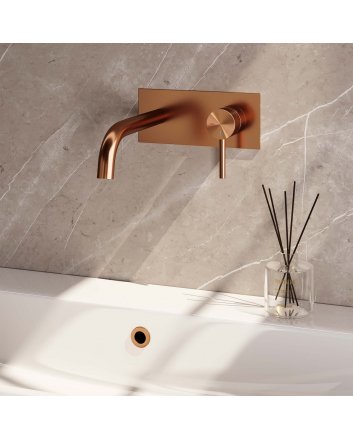 BRAUER Copper Carving inbouw wastafelmengkraan met gebogen uitloop en afdekplaat model A1 koper geborsteld PVD